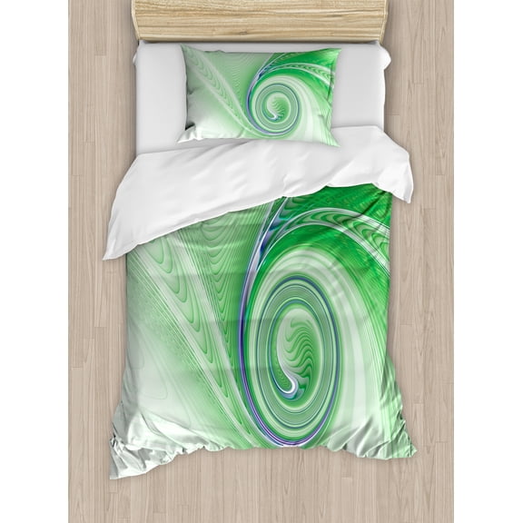Ambesonne Green Duvet Cover Sets, Abstract Fractal Spirals, 2-Twin, Green
