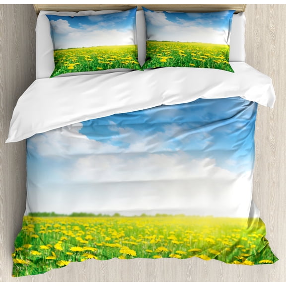 Ambesonne Green Duvet Cover Sets, Field Grassland, 2-King, Green Blue Yellow
