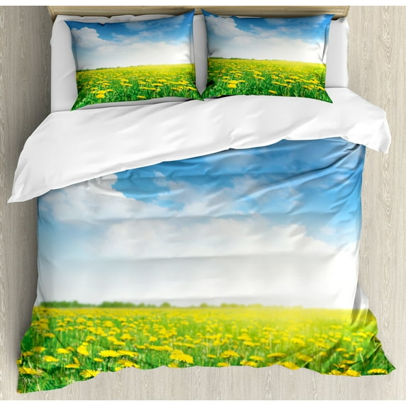 Ambesonne Green Duvet Cover Sets, Field Grassland, 2-Queen, Green Blue Yellow