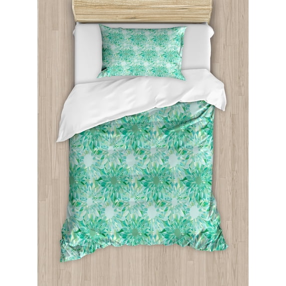 Ambesonne Green Duvet Cover Sets, Floral Pattern with Beryl, 2-Twin, Green
