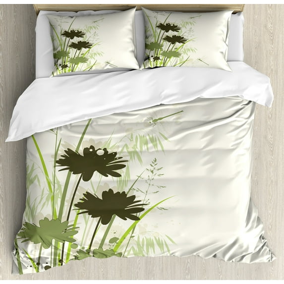 Ambesonne Green Duvet Cover Sets, Flowers Leaves Dragonfly, 2-Queen, Pale Green Dark Green