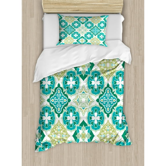Ambesonne Green Duvet Cover Sets, Geometric Colored Tiles, 2-Twin, Green Teal White