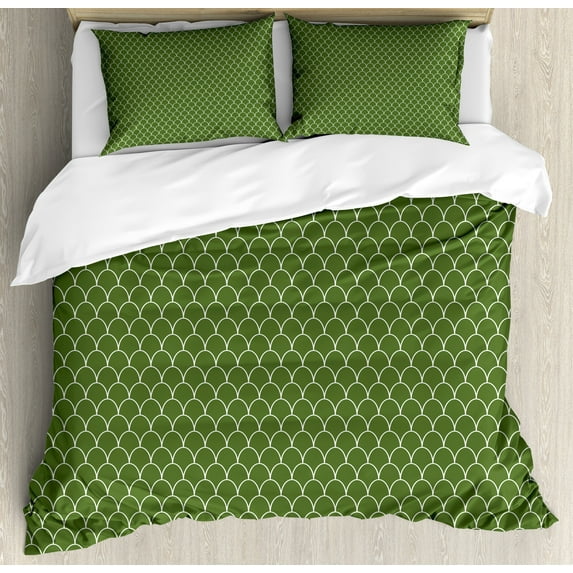 Ambesonne Green Duvet Cover Sets, Geometric Wave Like Shape, 2-Queen, Olive Green and White