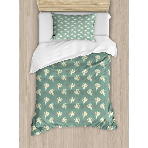 Ambesonne Green Duvet Cover Sets, Greek Love Cupid, 2-Twin, Jade Green Purple Cream