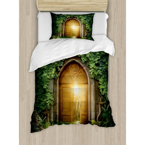 Ambesonne Green Duvet Cover Sets, Mystic Vivid Sun Beams, 2-Twin, Green and Brown