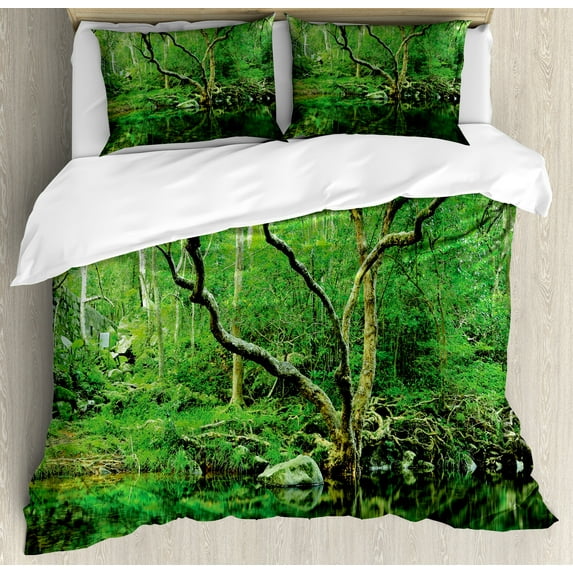 Ambesonne Green Duvet Cover Sets, Nature Theme Jungle, 2-King, Forest Green Dark Brown