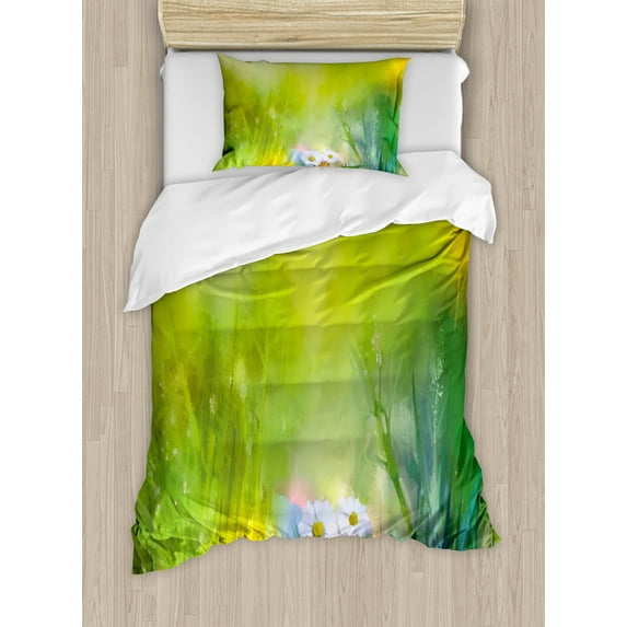 Ambesonne Green Duvet Cover Sets, Pastoral Chamomile, 2-Twin, Green White