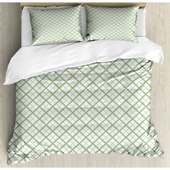 Ambesonne Green Duvet Cover Sets, Retro Square Shapes Tile, 2-King, Pistachio Green White