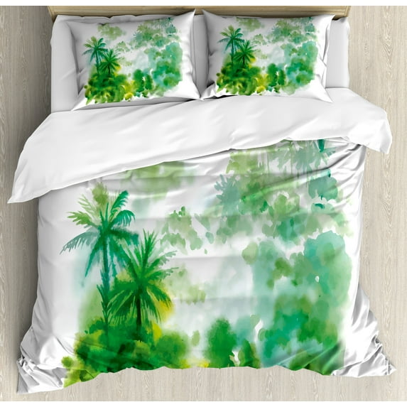 Ambesonne Green Duvet Cover Sets, Watercolor Forest Image, 2-King, Forest Green Pale Green