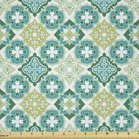 Ambesonne Green Fabric by the Yard Microfiber, Geometric Colored Tiles, 1 Yard, Green Teal White