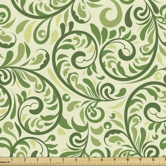 Ambesonne Green Fabric by the Yard Upholstery, Curly Ornate Leaf Damask, 3 Yards, Pale Green Fern Green