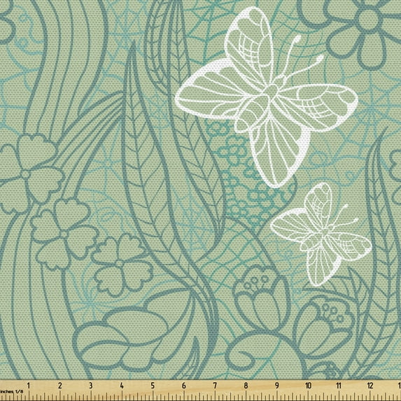 Ambesonne Green Fabric by the Yard Upholstery, Lace Style Butterflies, 10 Yards, Pale Green Turquoise