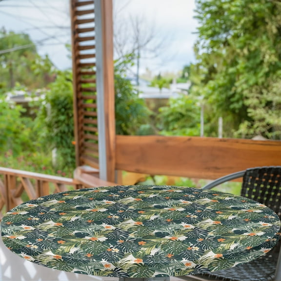 Ambesonne Green Fitted Round Tablecloth, Hawaiian Tropical Flora, 40"- 44" Diameter, Green Dark Teal Orange