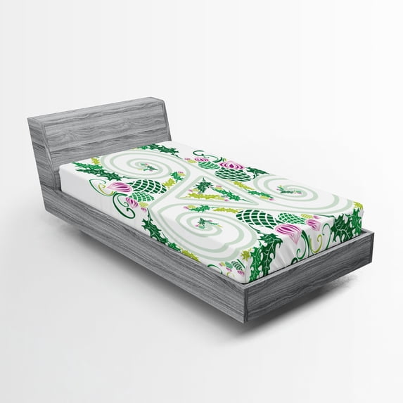 Ambesonne Green Fitted Sheet, Celtic Curved Lines Art, Twin Size, Green Pink