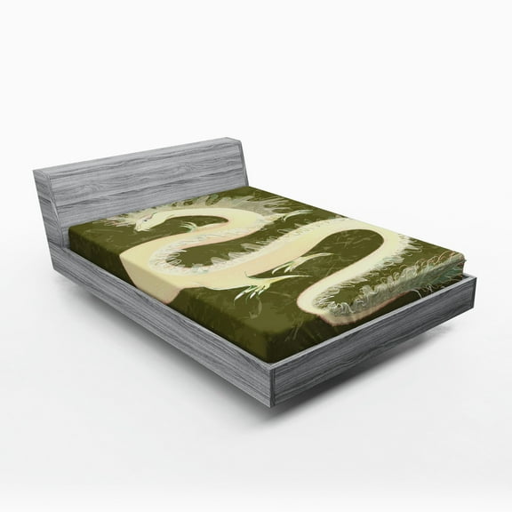 Ambesonne Green Fitted Sheet, Chinese Dragon&nbsp;Eastern, Full Size, Yellow and Green