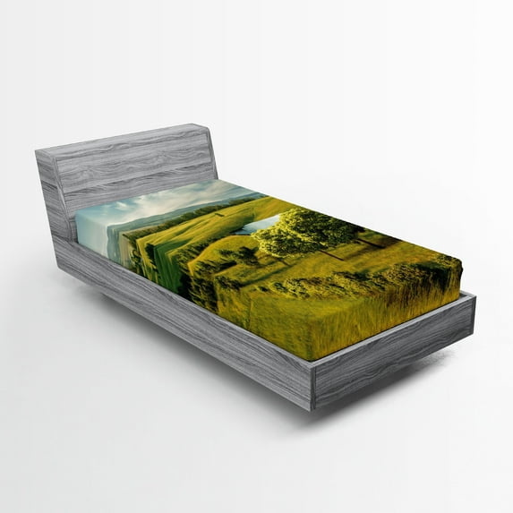 Ambesonne Green Fitted Sheet, Countryside Forest Lake, Twin Size, Green Blue