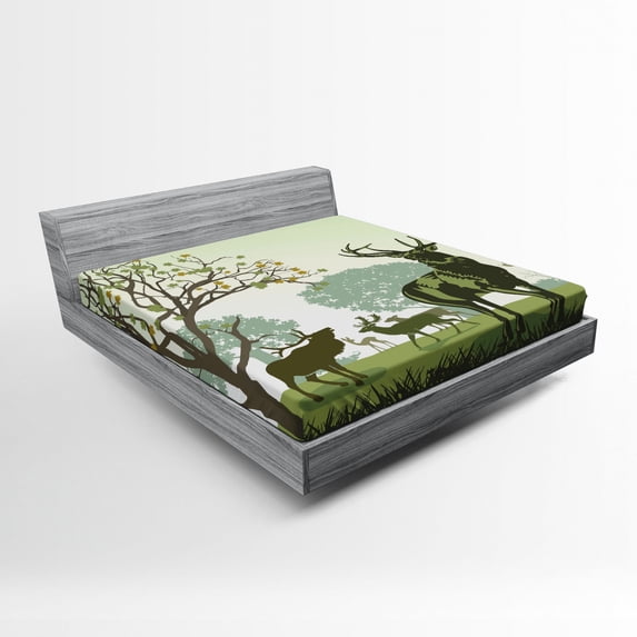 Ambesonne Green Fitted Sheet, Deer and Nature Park, Full Size, Green
