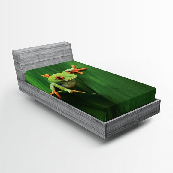Ambesonne Green Fitted Sheet, Exotic Wild Macro Leaf, Twin Size, Green