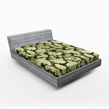 Ambesonne Green Fitted Sheet, Jungle Camouflage Design, Full Size, Pale Green Dark Green