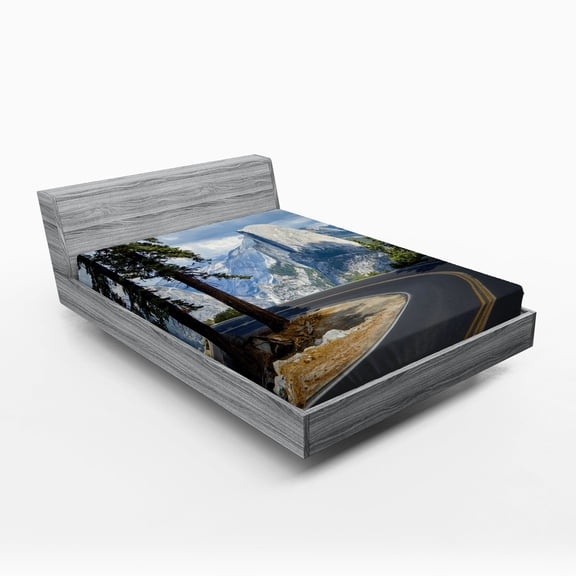 Ambesonne Green Fitted Sheet, Mountain Road Landscape, Full Size, Green