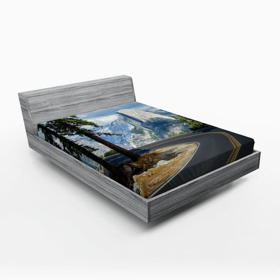 Ambesonne Green Fitted Sheet, Mountain Road Landscape, Full Size, Green