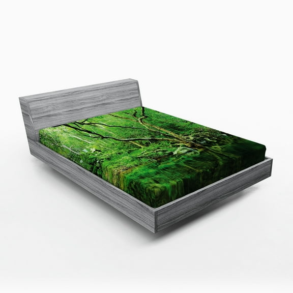 Ambesonne Green Fitted Sheet, Nature Theme Jungle, Full Size, Forest Green Dark Brown