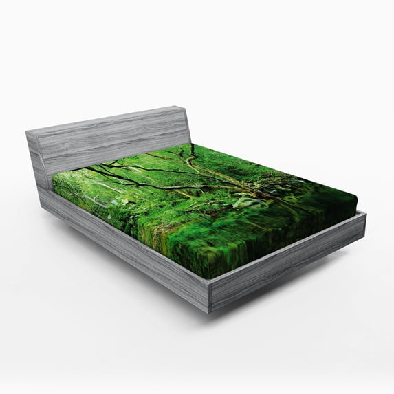 Ambesonne Green Fitted Sheet, Nature Theme Jungle, Queen Size, Forest Green Dark Brown