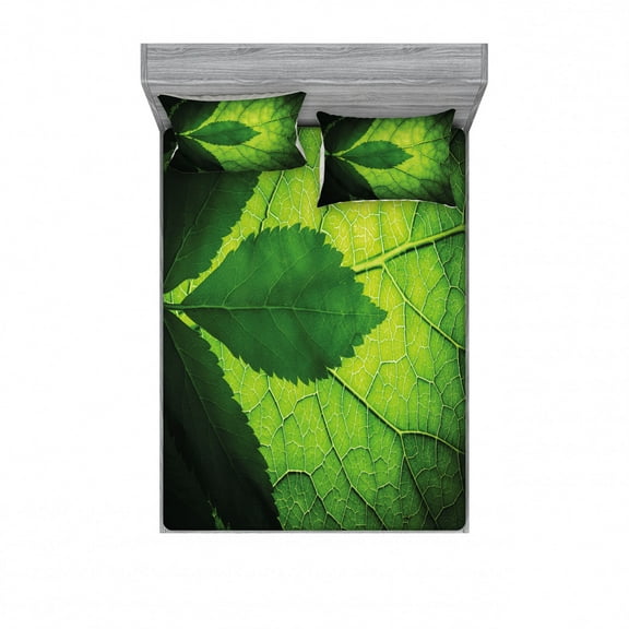 Ambesonne Green Fitted Sheet & Pillow Sham Set, Brazilian Tree Leaf Eco, Full, Olive and Dark Green