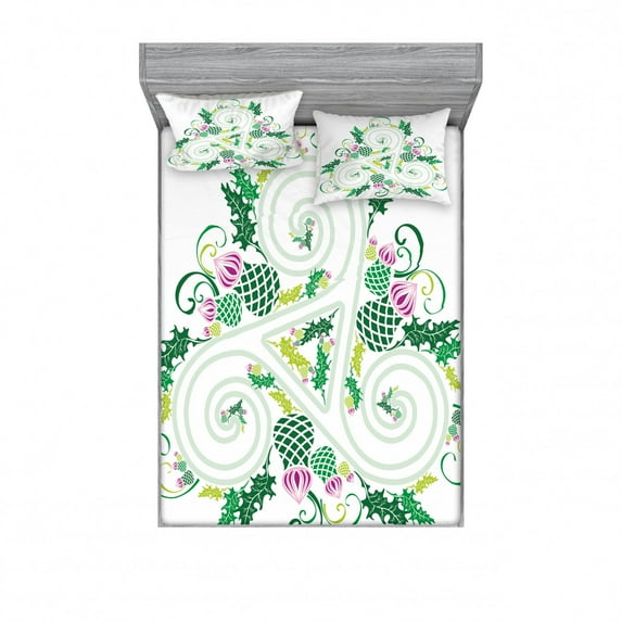 Ambesonne Green Fitted Sheet & Pillow Sham Set, Celtic Curved Lines Art, Full, Green Pink