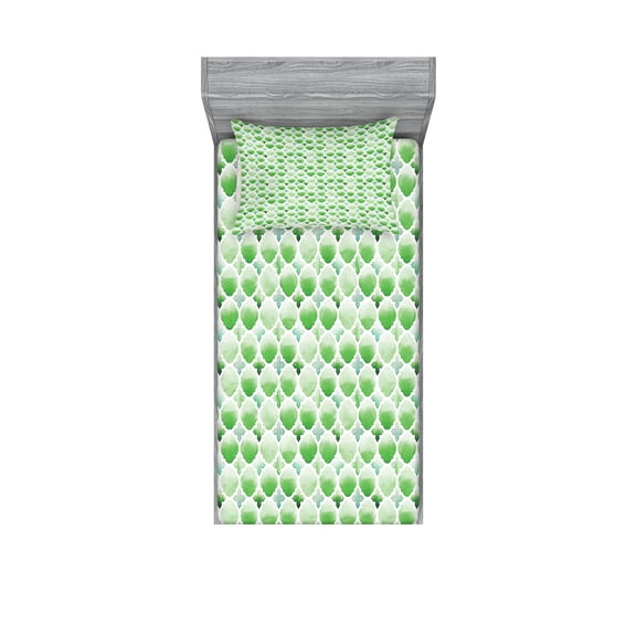 Ambesonne Green Fitted Sheet & Pillow Sham Set, Clovers Moroccan, Twinxl, White Green
