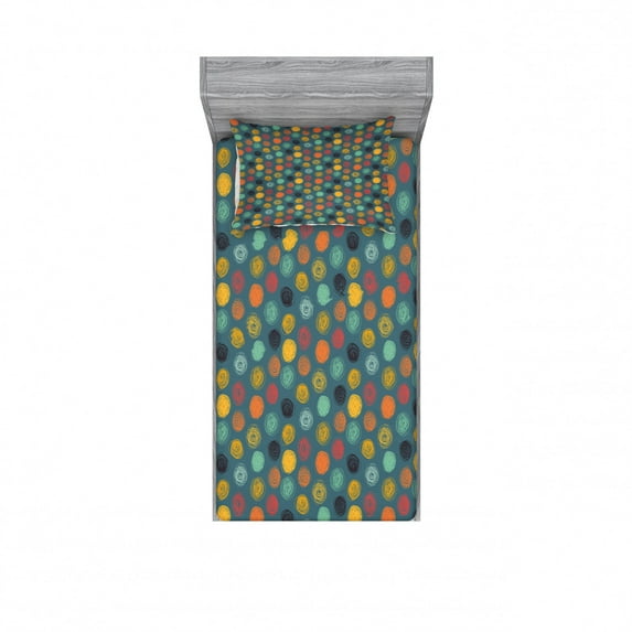 Ambesonne Green Fitted Sheet & Pillow Sham Set, Colorful Abstract Circle, Twin, Multicolor