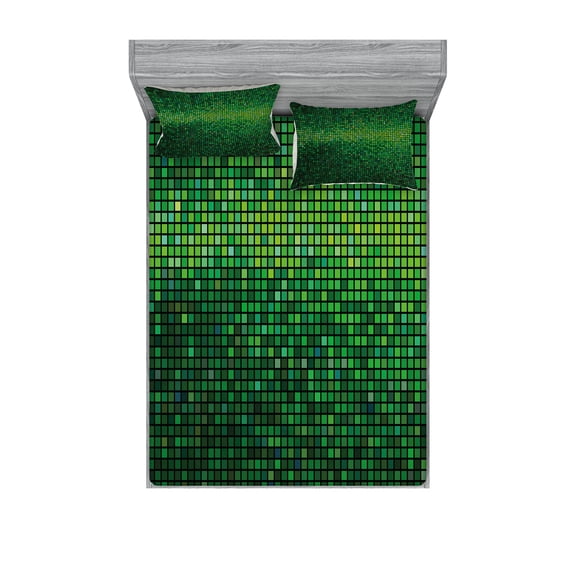 Ambesonne Green Fitted Sheet & Pillow Sham Set, Digital Mosaic Pixel Grid, Full, Green