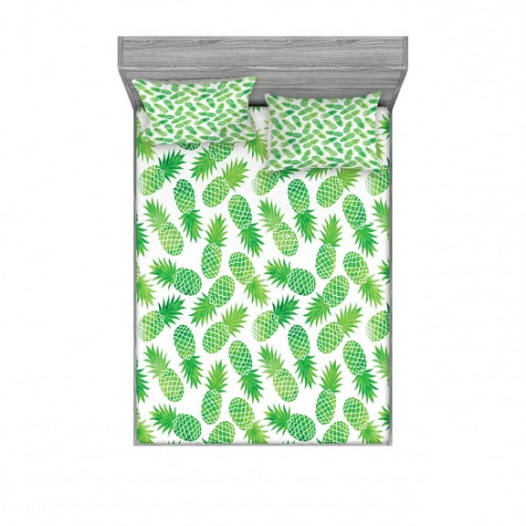 Ambesonne Green Fitted Sheet & Pillow Sham Set, Exotic Pineapple Pattern, Full, Green White