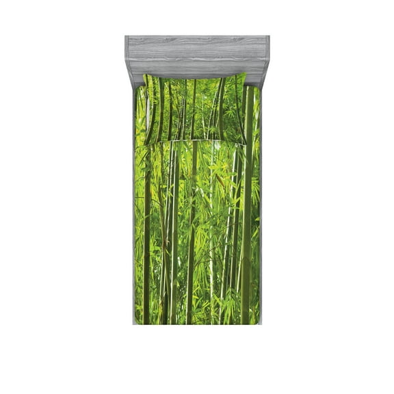 Ambesonne Green Fitted Sheet & Pillow Sham Set, Exotic Tropical Asian Leaf, Twinxl, Green