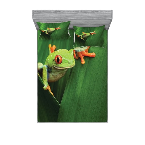 Ambesonne Green Fitted Sheet & Pillow Sham Set, Exotic Wild Macro Leaf, Queen, Green