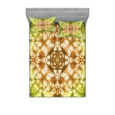 Ambesonne Green Fitted Sheet & Pillow Sham Set, Faded Pleat Fearful Motifs, Queen, Green Brown