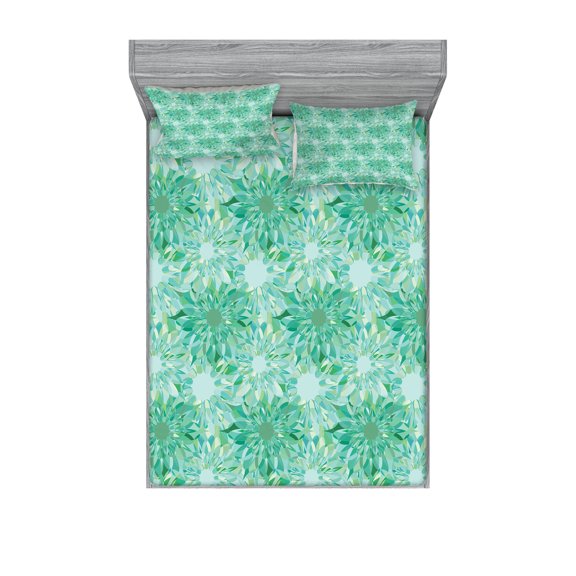 Ambesonne Green Fitted Sheet & Pillow Sham Set, Floral Pattern with Beryl, Full, Green