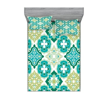 Ambesonne Green Fitted Sheet & Pillow Sham Set, Geometric Colored Tiles, Queen, Green Teal White