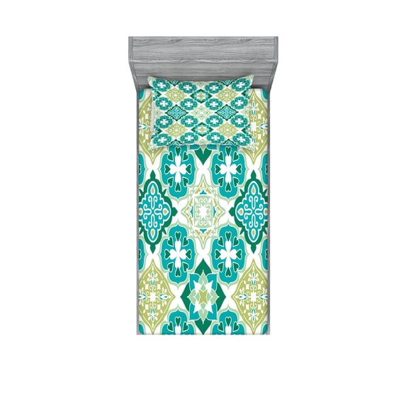 Ambesonne Green Fitted Sheet & Pillow Sham Set, Geometric Colored Tiles, Twin, Green Teal White