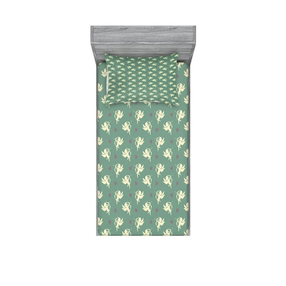 Ambesonne Green Fitted Sheet & Pillow Sham Set, Greek Love Cupid, Twin, Jade Green Purple Cream