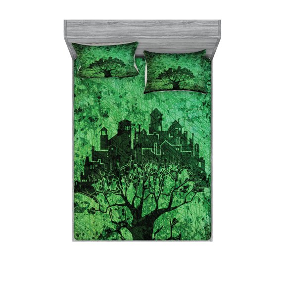 Ambesonne Green Fitted Sheet & Pillow Sham Set, Modern City Buildings, Queen, Green