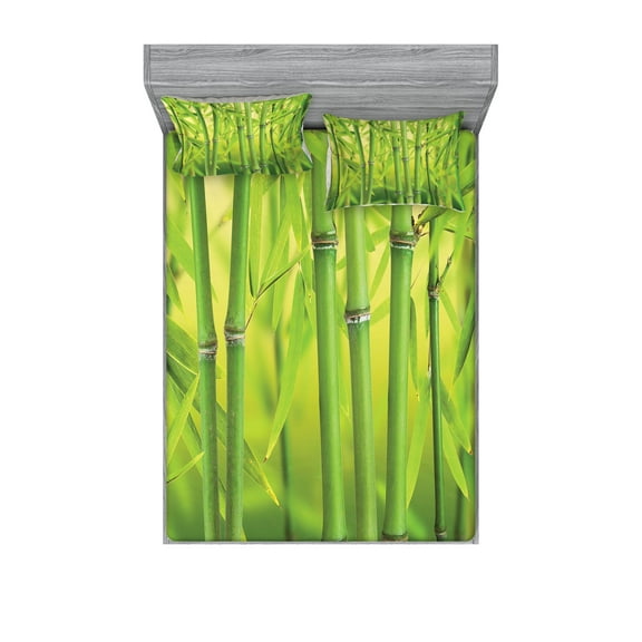 Ambesonne Green Fitted Sheet & Pillow Sham Set, Nature Scenery Close up Scene, Full, Apple Green