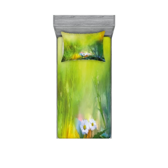 Ambesonne Green Fitted Sheet & Pillow Sham Set, Pastoral Chamomile, Twin, Green White