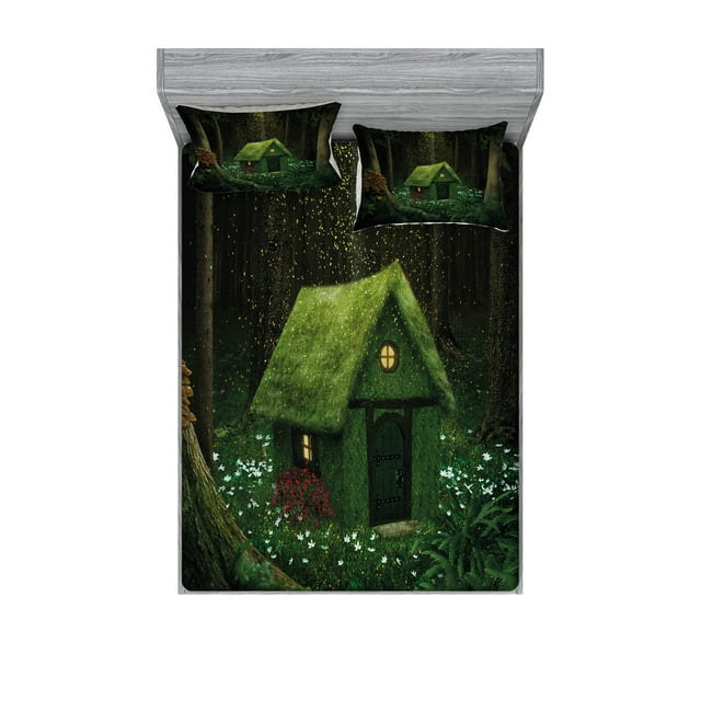 Ambesonne Green Fitted Sheet & Pillow Sham Set, Surreal Forest House, Full, Hunter Green Army Green
