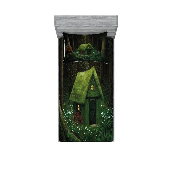 Ambesonne Green Fitted Sheet & Pillow Sham Set, Surreal Forest House, Twinxl, Hunter Green Army Green