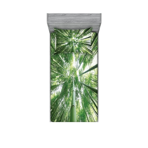 Ambesonne Green Fitted Sheet & Pillow Sham Set, Tropic Rain Forest and Sky, Twin, Green