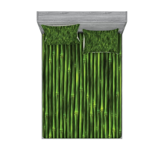 Ambesonne Green Fitted Sheet & Pillow Sham Set, Tropical Ornament Closeup, Queen, Fern Green