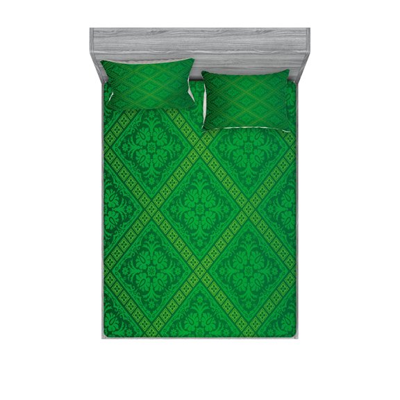 Ambesonne Green Fitted Sheet & Pillow Sham Set, Vector Foliage Pattern, Full, Forest Green