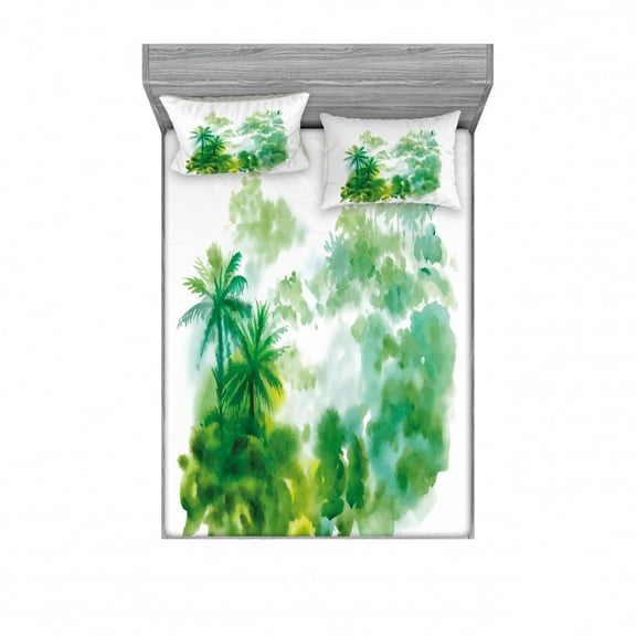 Ambesonne Green Fitted Sheet & Pillow Sham Set, Watercolor Forest Image, Queen, Forest Green Pale Green