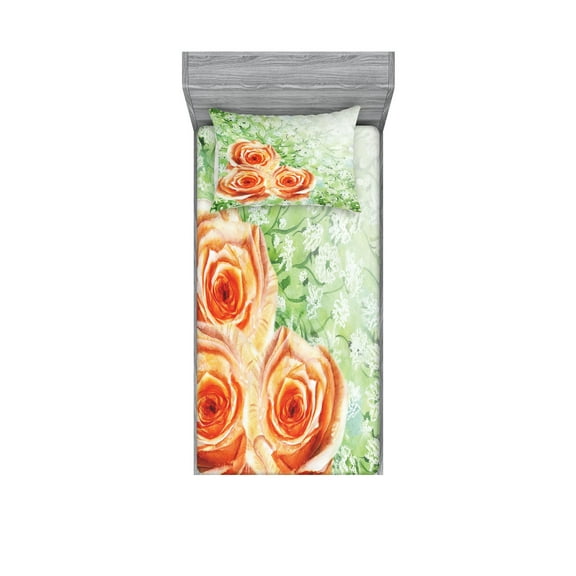 Ambesonne Green Fitted Sheet & Pillow Sham Set, Watercolor Roses, Twin, Orange Green